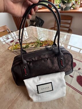 Gucci Brown GG Logo Barrel Tote with Red-Green Web Accents